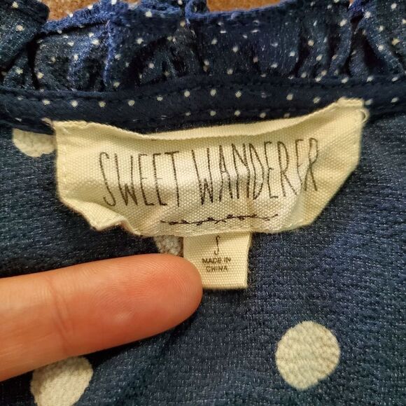 Sweet Wanderer Navy Blue/White Polka-Dot Ruffle Tie String Blouse - Picture 5 of 7